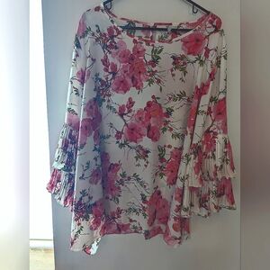 Cato 22/24 Floral Blouse with Pleated Ruffle Bell Sleeves Pink and Green